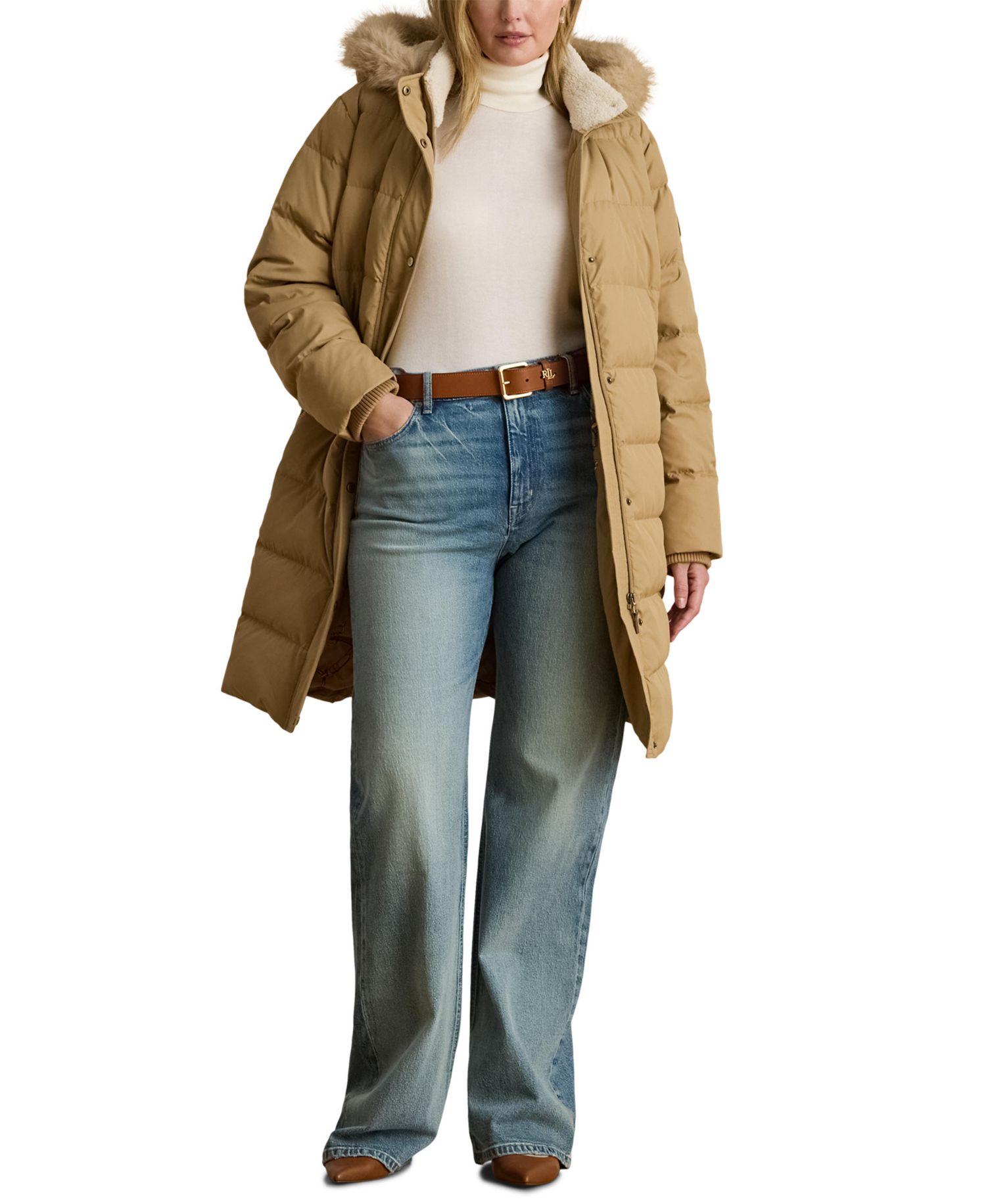 Plus Size Down Hooded Channel-Quilted Puffer Coat