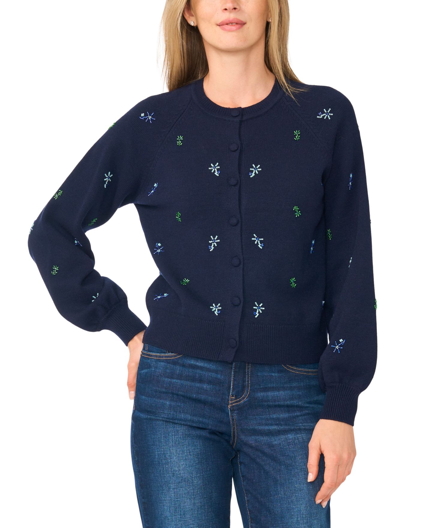 Женский кардиган CeCe Dupraz Bead-Embroidered Crewneck Long-Sleeve Cardigan, цвет: Тёмно-синий — фото 1