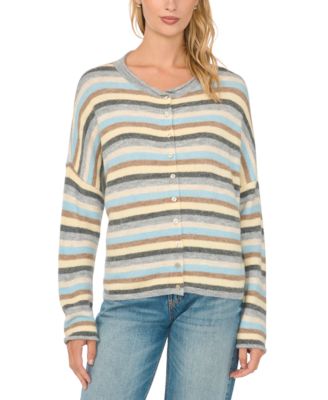 Women's Striped Crewneck Long-Sleeve Cardigan Sweater