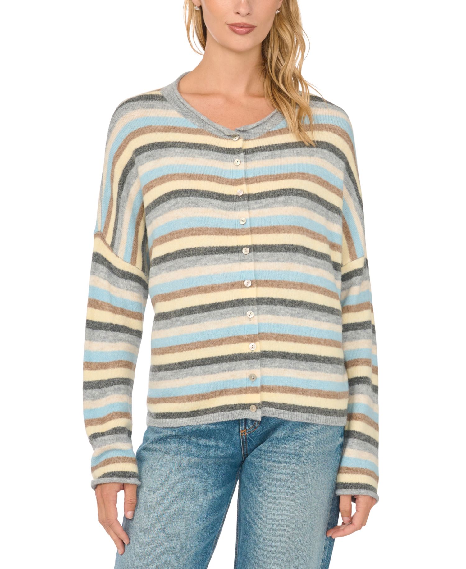 Women's Striped Crewneck Long-Sleeve Cardigan Sweater