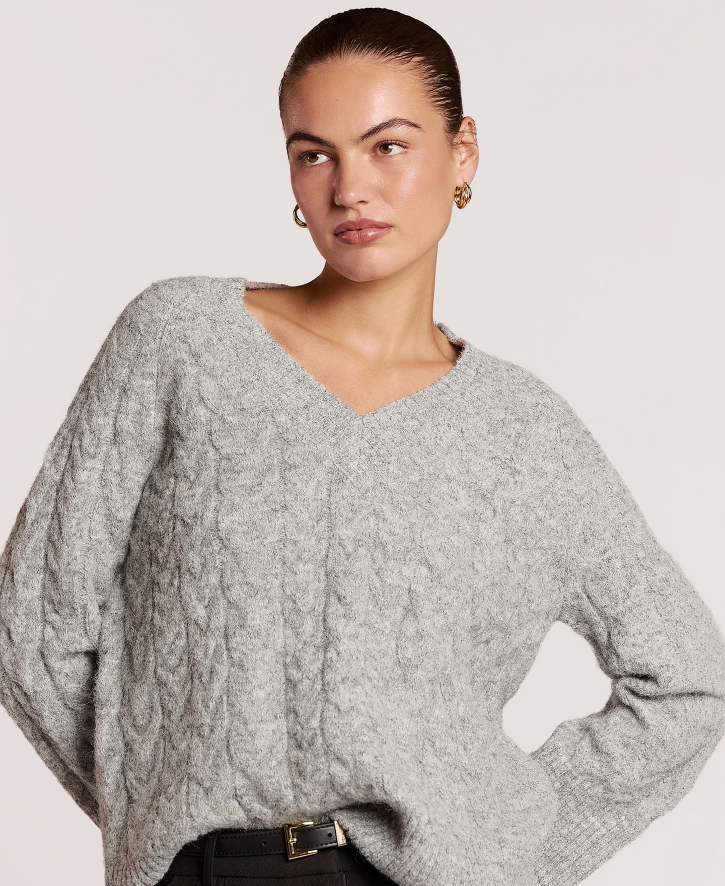 Женский свитер 4th & Reckless Emme Loose Cable-Knit V-Neck, цвет: Серый — фото 5