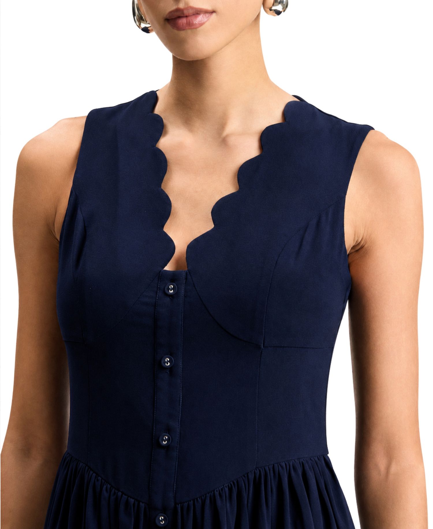 Women's Scallop-Neck Button-Front Stretch Crepe Maxi Dress