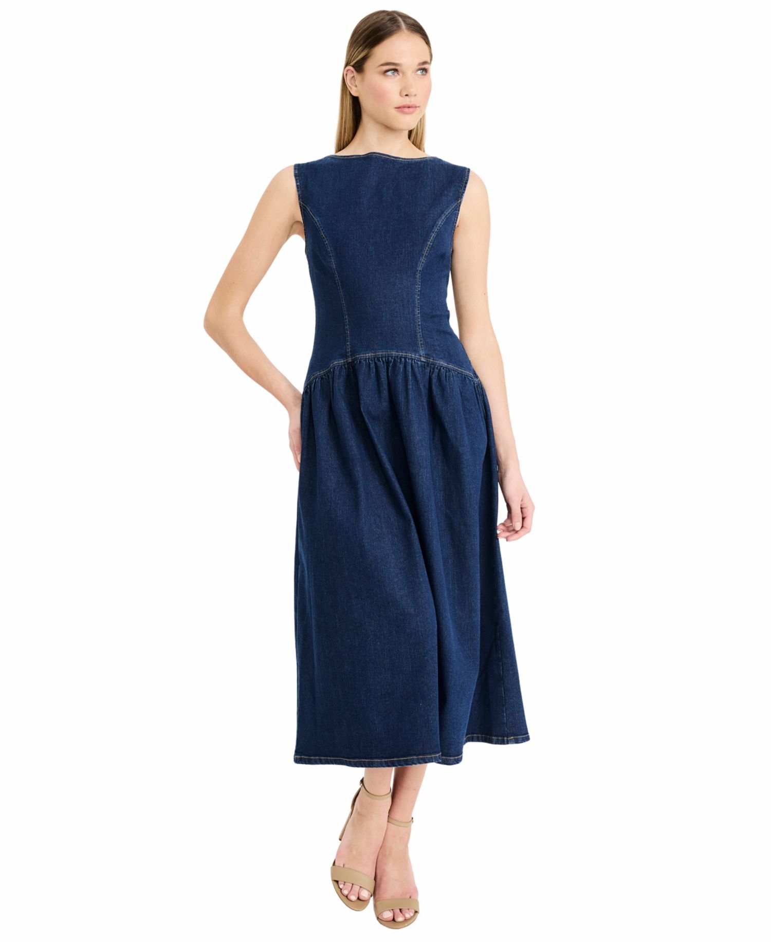 Women's Denim Sleeveless Crewneck Midi Dress