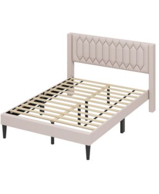 Queen Size Dutch Velvet Linen Fabric Upholstered Platform Bed with Wingback Headboard and Wooden Slat Support