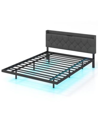 Full Queen Size Floating Bed Frame with LED and Headboard and Charging Station Queen Size
