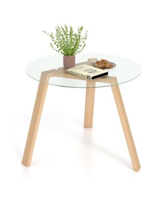 36 Inches Round Glass Dining Table for 4 with Rubber Wood Frame, Natural