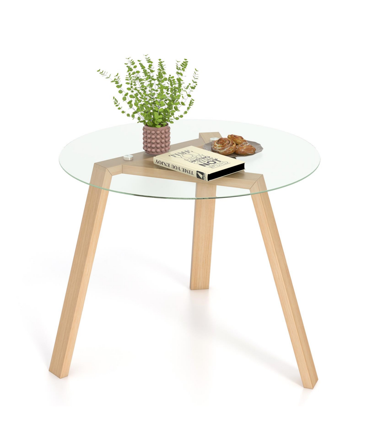 Mecale 36 Inches Round Glass Dining Table for 4 with Rubber Wood Frame, Natural - Natural
