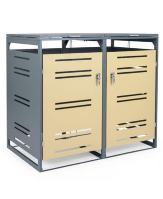 Metal Garbage Bin Storage Shed for 2 Trash Cans, Flat Top