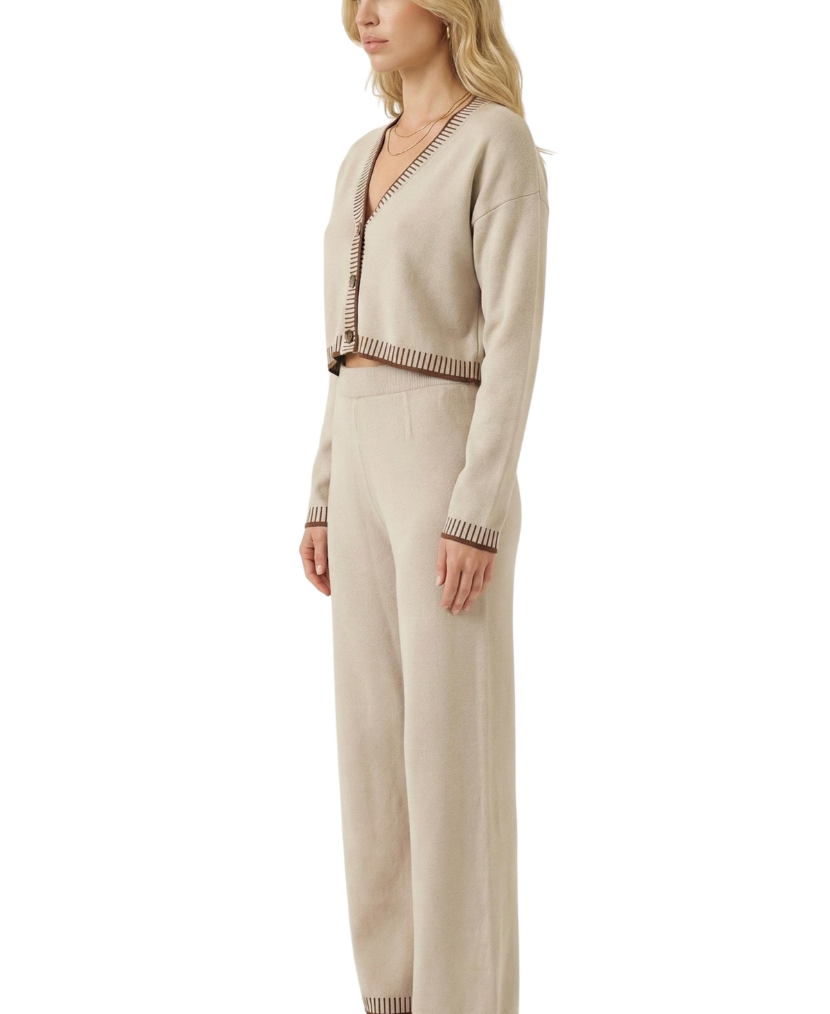 Modenaire Women's Knit Contrast-Trim V-Neck Cropped Cardigan and Wide-Leg Pants, 2-Piece Set