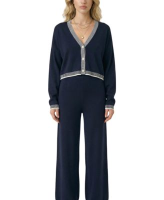 Women's Knit Contrast-Trim V-Neck Cropped Cardigan and Wide-Leg Pants, 2-Piece Set
