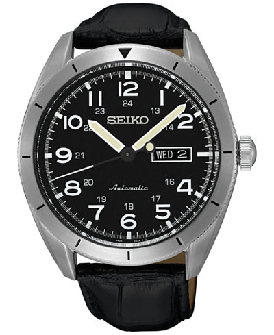 Seiko Men's Automatic Black Leather Strap Watch 43mm SRP715