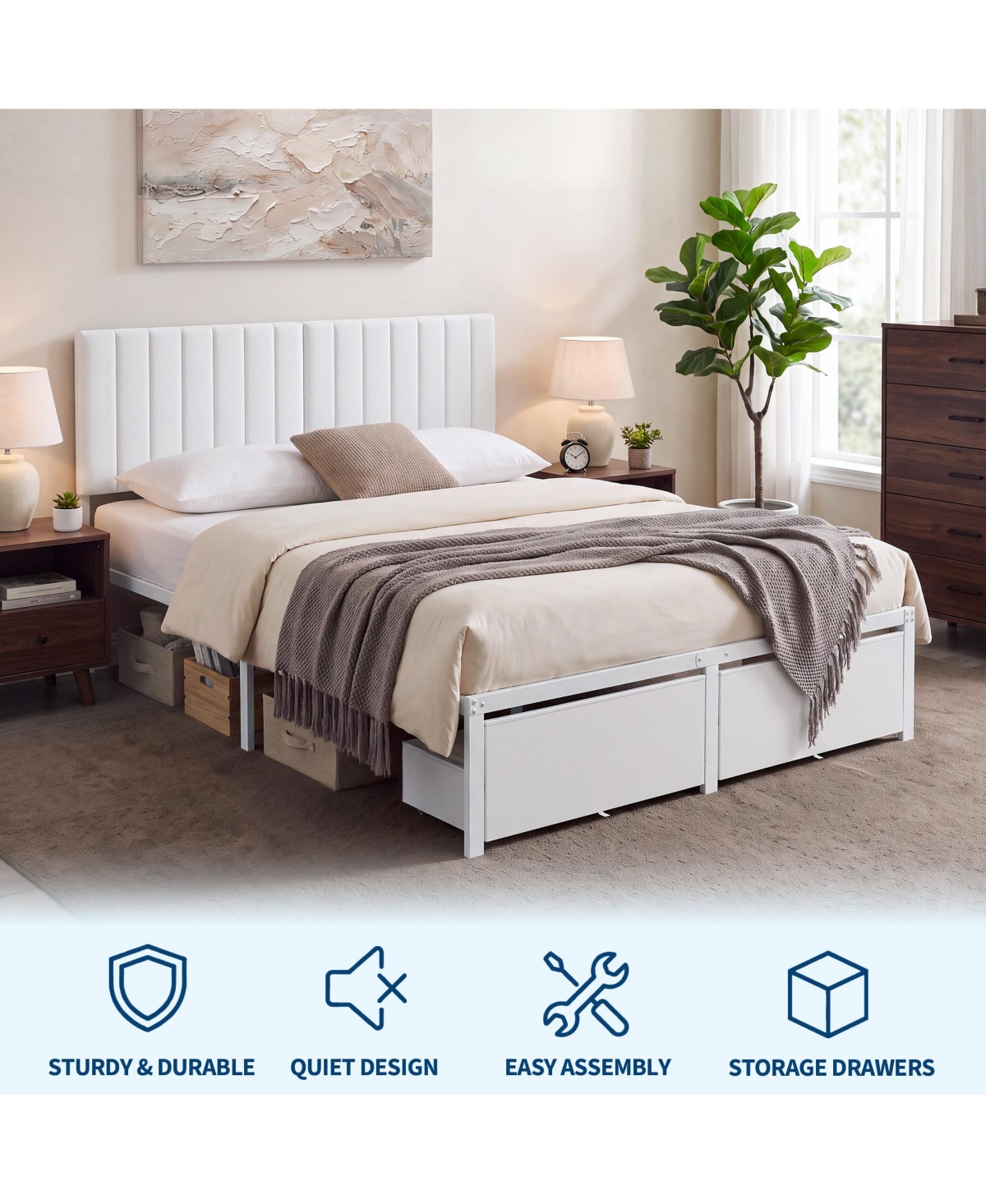 homfan Bed Frame with Upholstered Headboard, Adjustable Headboard Iron Platform Bed, No Box Spring Needed