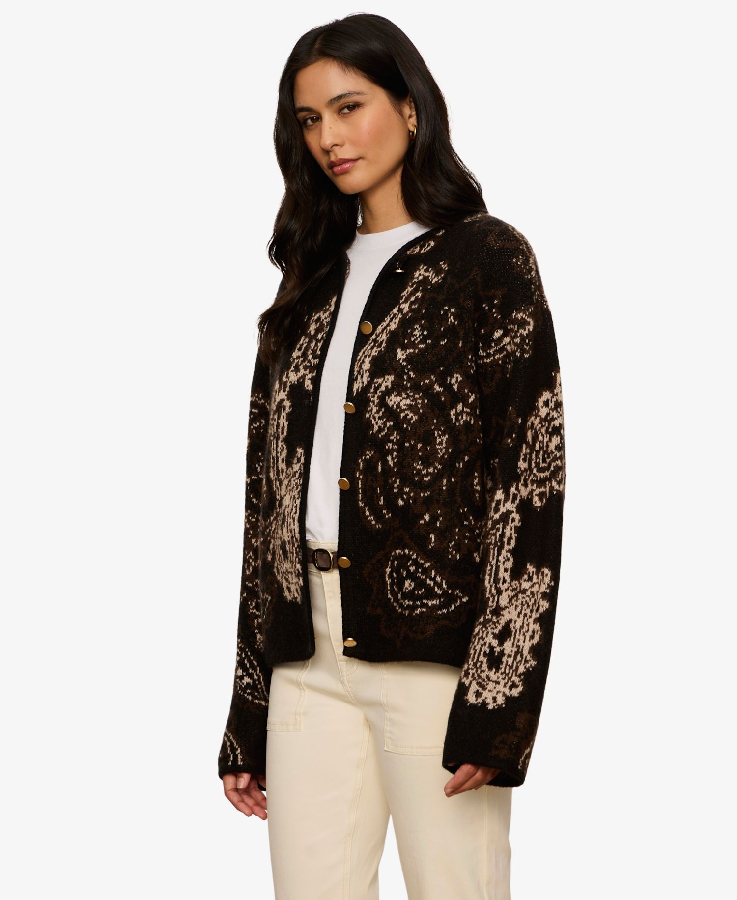 Women's Jacquard-Knit Semi-Cropped Collarless Jacket