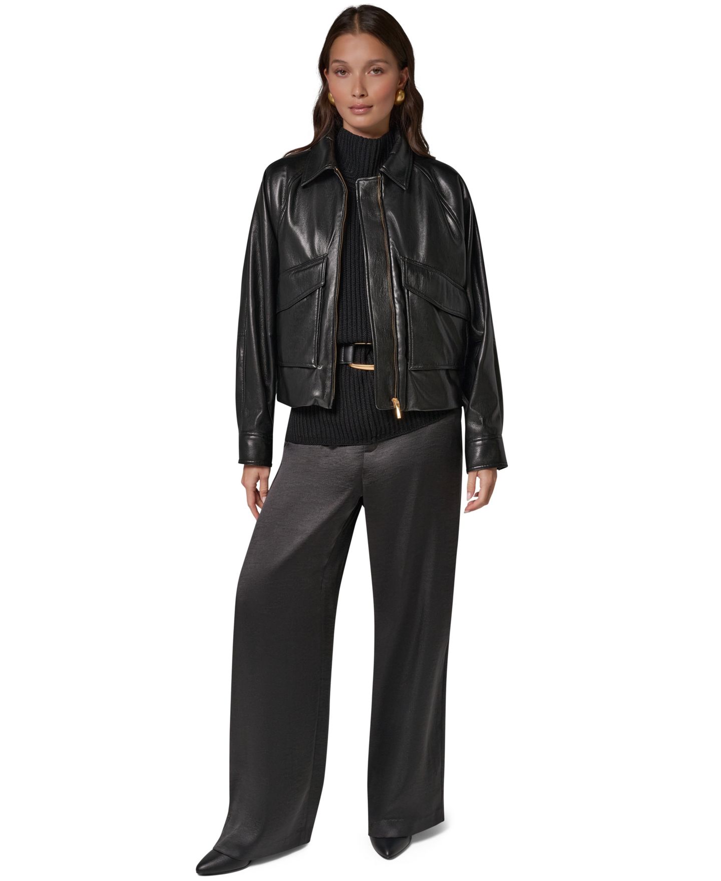 Женская короткая куртка Donna Karan New York из экокожи с воротником, для невысоких, цвет: Чёрный — фото 2
