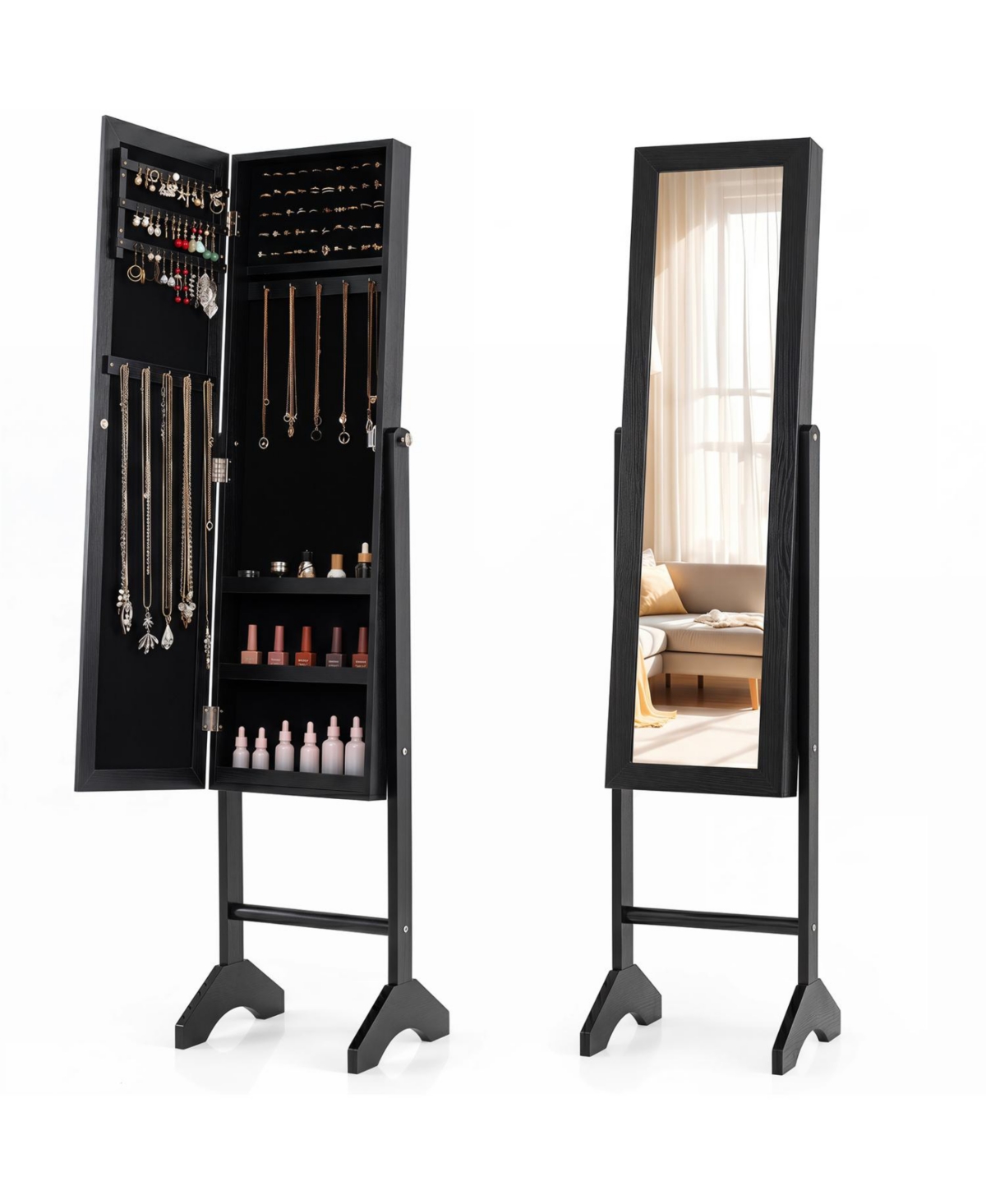 Mecale Freestanding Jewelry Armoire with Velvet Lining and Full Length Mirror