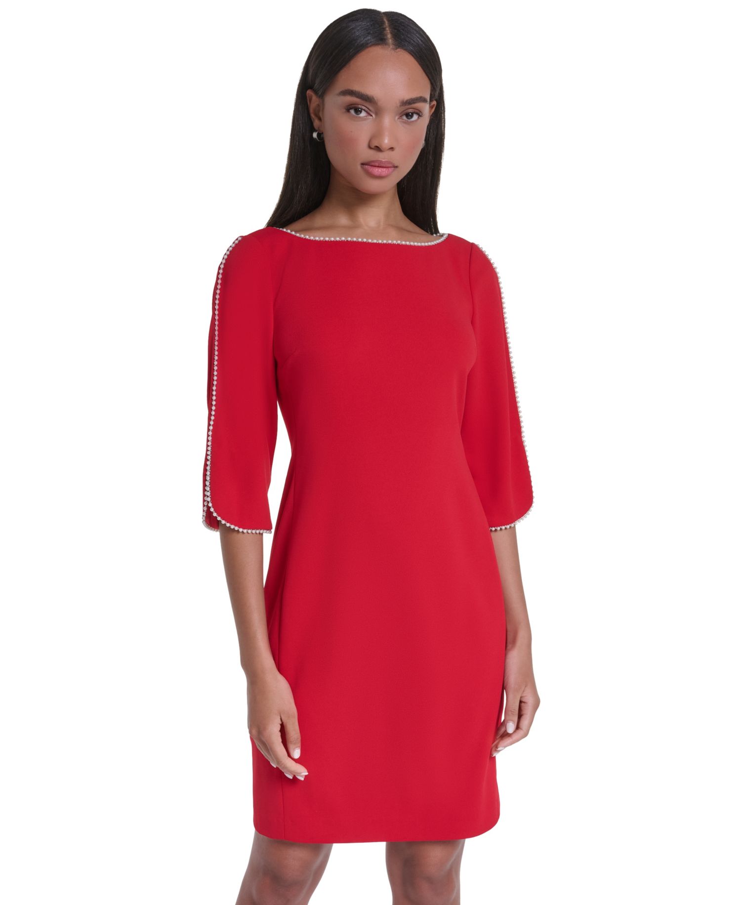 Women's Scuba Crepe Imitation Pearl Framing Boat Neck Dress