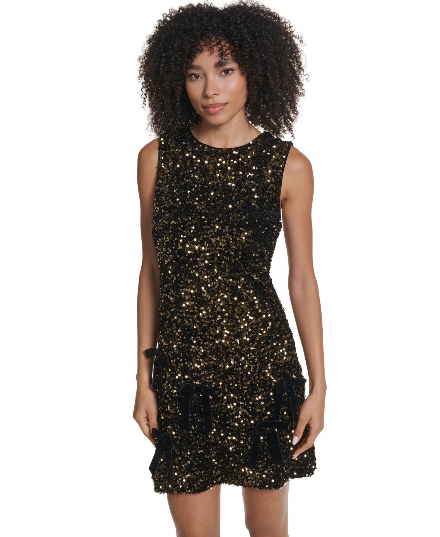 Women's Sequin Velvet Shift With Velvet Bows Knee-Length Dress