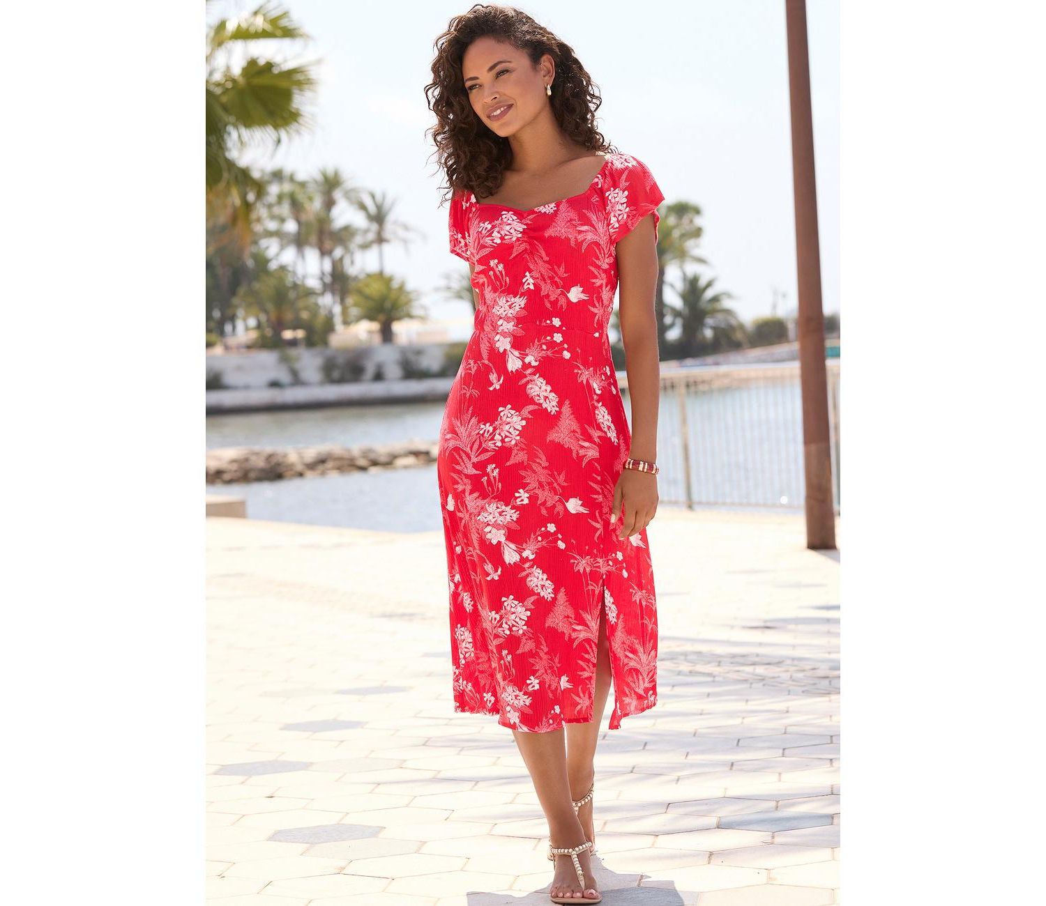 Women's Floral-Print A-Line Sweetheart Midi Dress