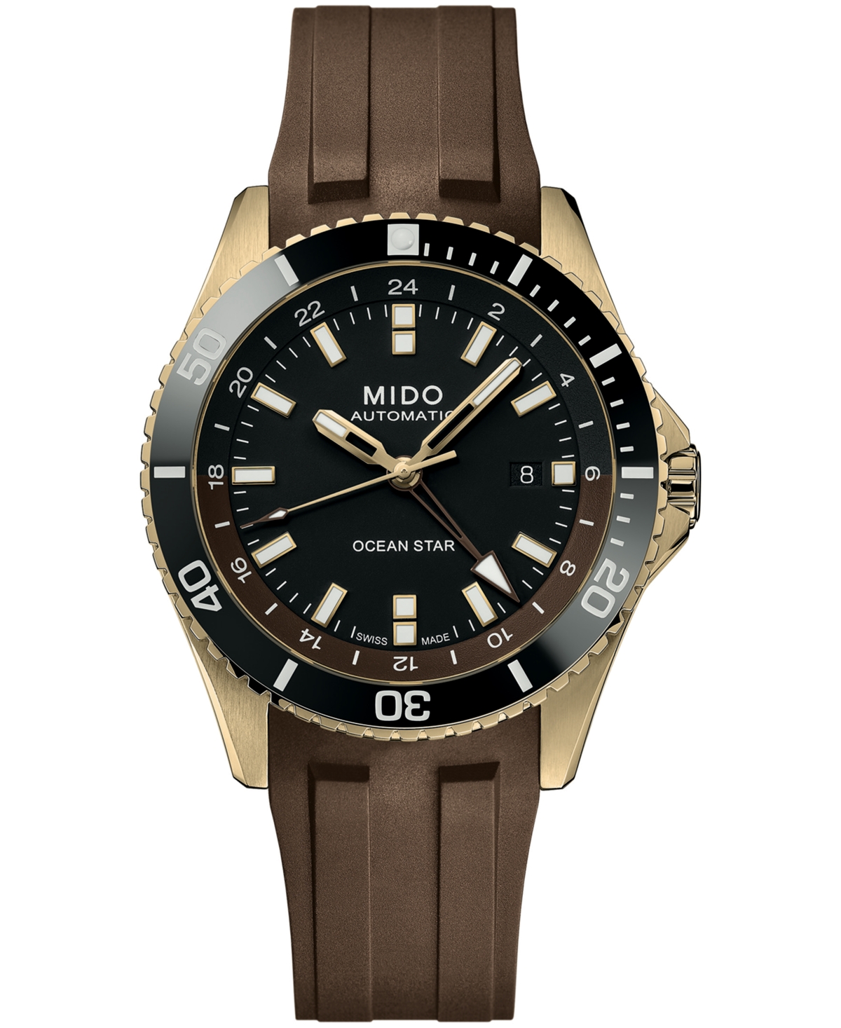 Mido Men's Automatic Ocean Star Gmt Water-resistant Brown Rubber Watch, 44mm In Black