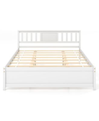 Wooden Platform Bed with Headboard and Wood Slat Support White Queen Size