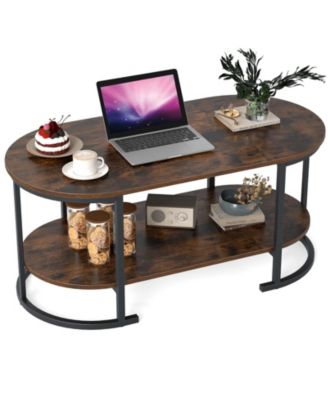 Oval Coffee Table 2 Tier Wooden Accent Table with Spacious Tabletop and Open Storage Shelf