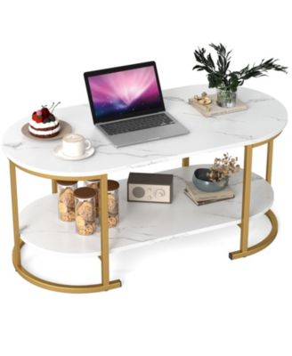 Oval Coffee Table 2 Tier Wooden Accent Table with Spacious Tabletop and Open Storage Shelf