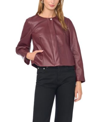 Women's Cropped Balloon-Sleeve Crewneck Faux Leather Jacket