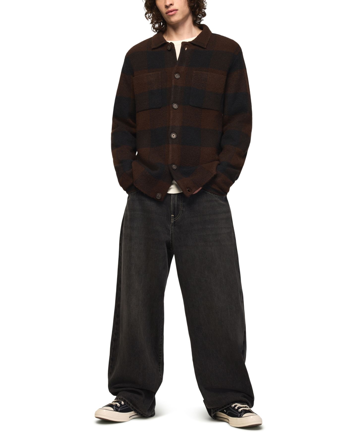 Мужской кардиган Lucky Brand Plaid Birdseye Jacquard Knit Button-Down, цвет: Кофейный — фото 2