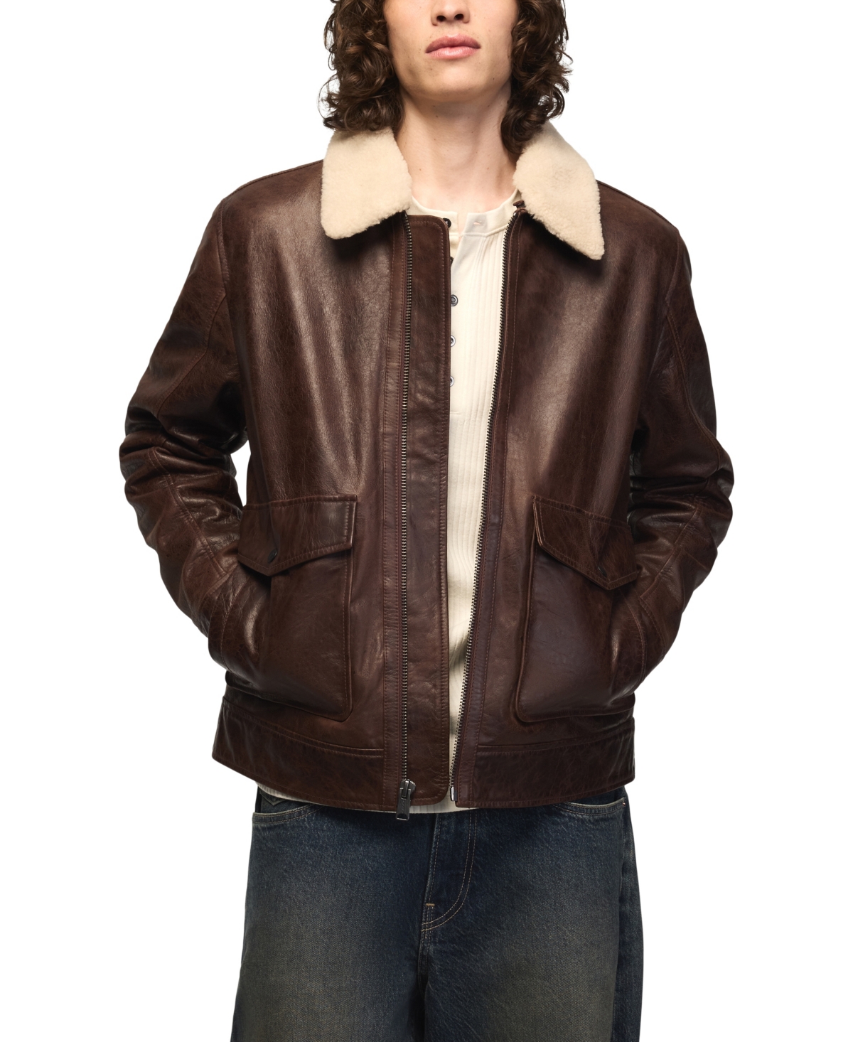 Lucky Brand Men's Aviator Faux Shearling Collar Regular-Fit Leather Jacket - Brown