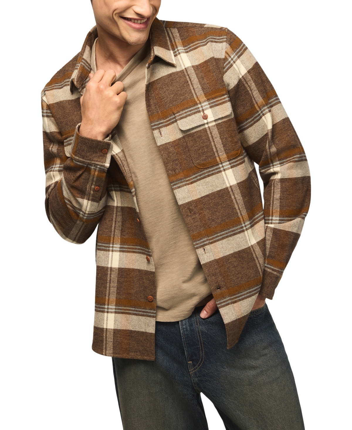 Lucky Brand Men's Cloud Soft Plaid Flannel Long Sleeve Shirt - Natural Multi Plaid