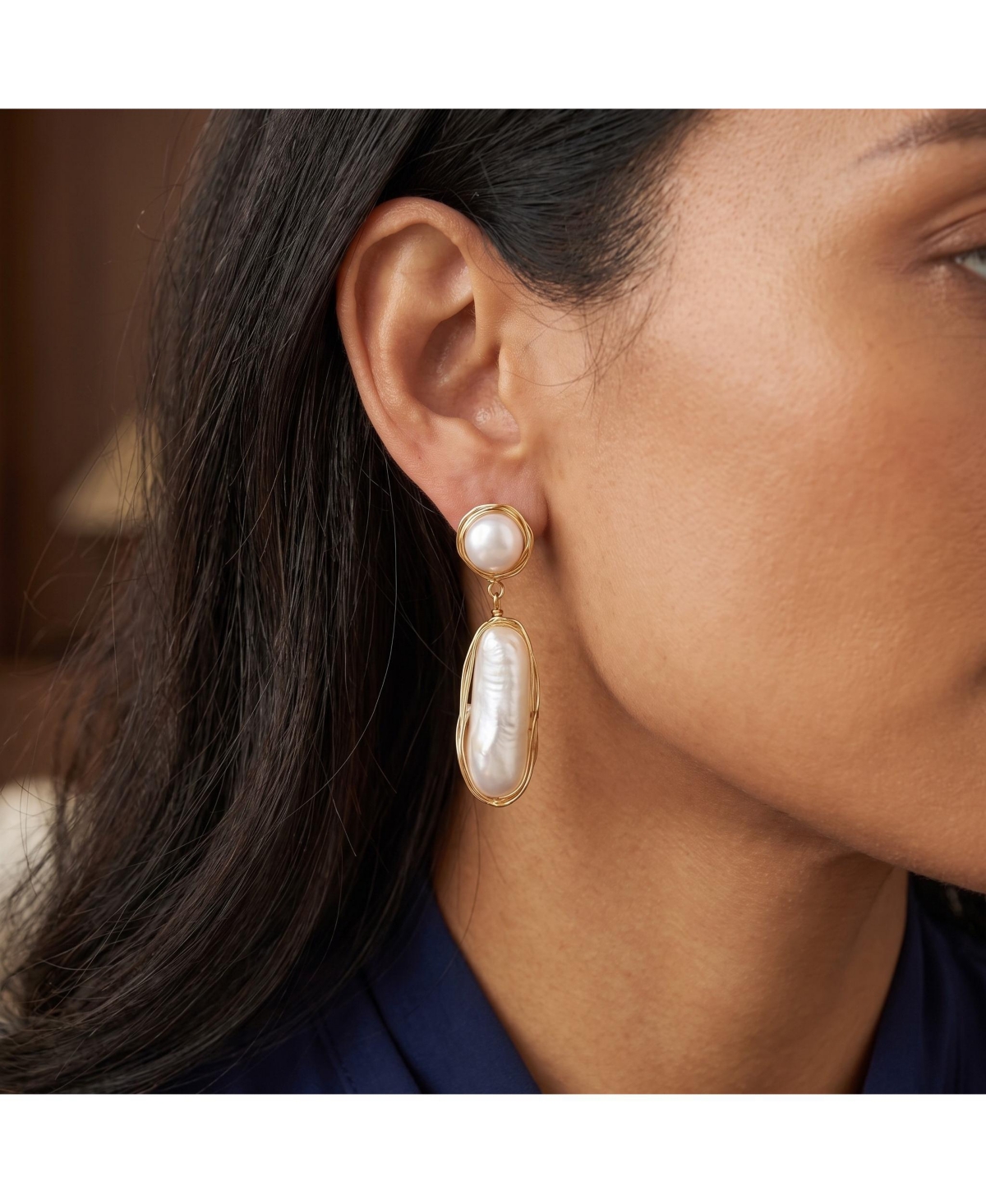 Sterling Silver with 14K Gold Plated and 2 Genuine Freshwater Pearl Dangling Earrings
