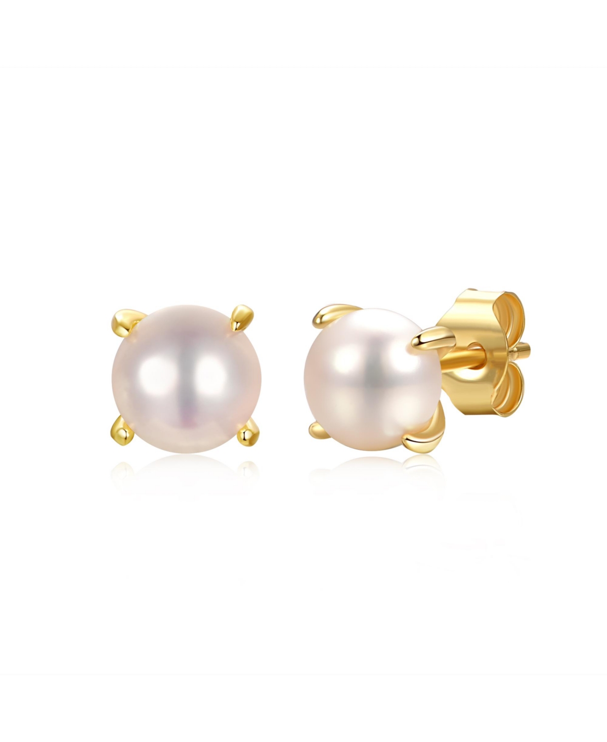 14k Gold Plated with Round White Genuine Pearl Solitaire Stud Earrings in Sterling Silver - Gold