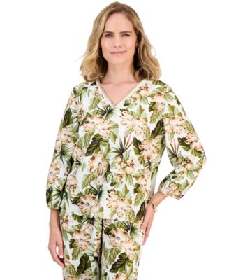 Petite 3/4-Sleeve Crochet Floral-Print Top