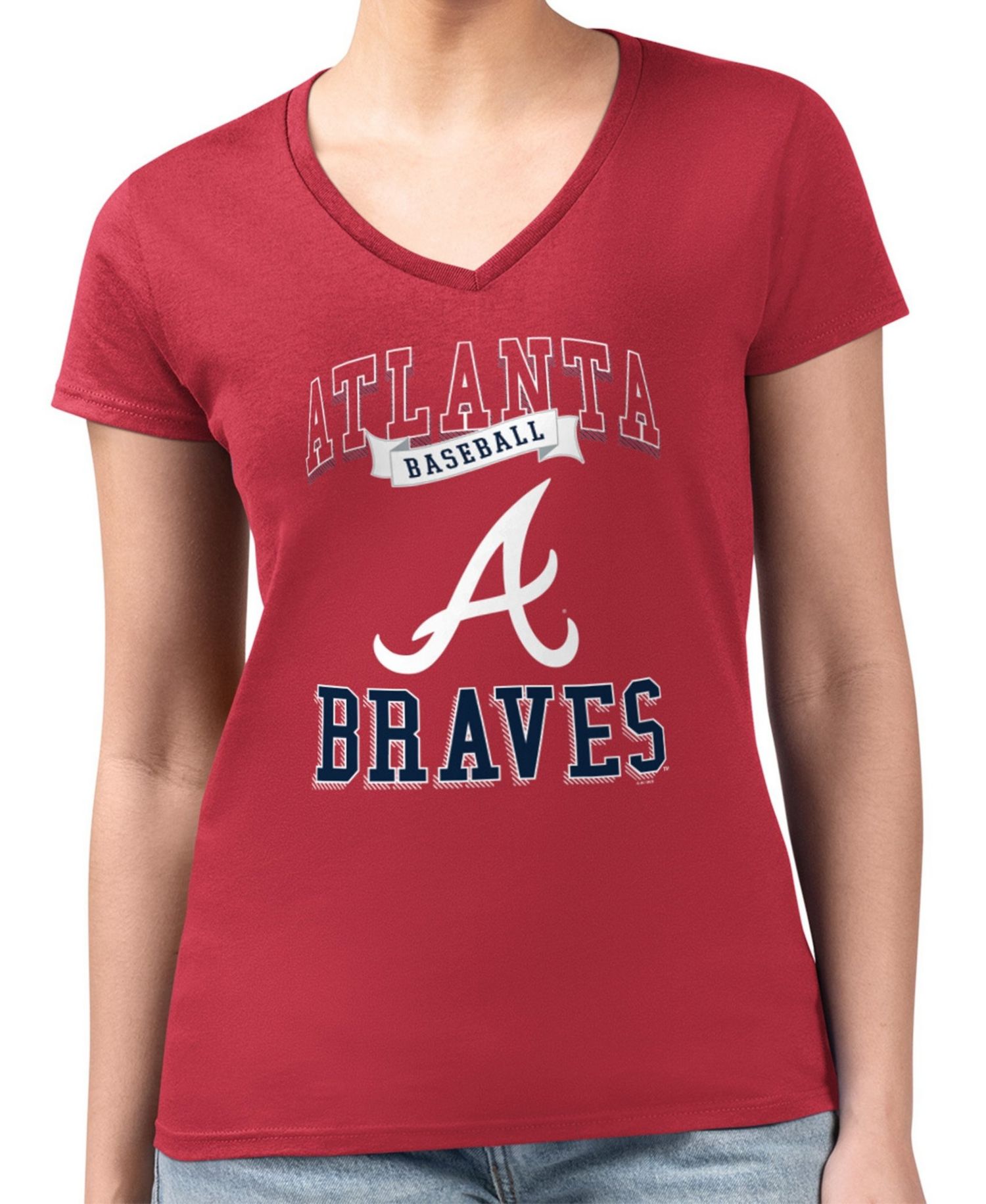 Women's Red Atlanta Braves Super-Slim Fit Lightweight Team Logo Graphic V-Neck T-Shirt