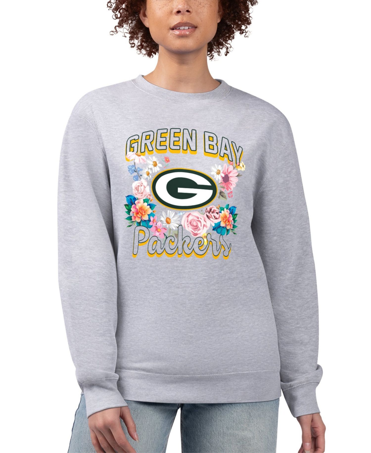 Women's Heather Gray Green Bay Packers Flower Logo Graphic Fleece Pullover Sweatshirt