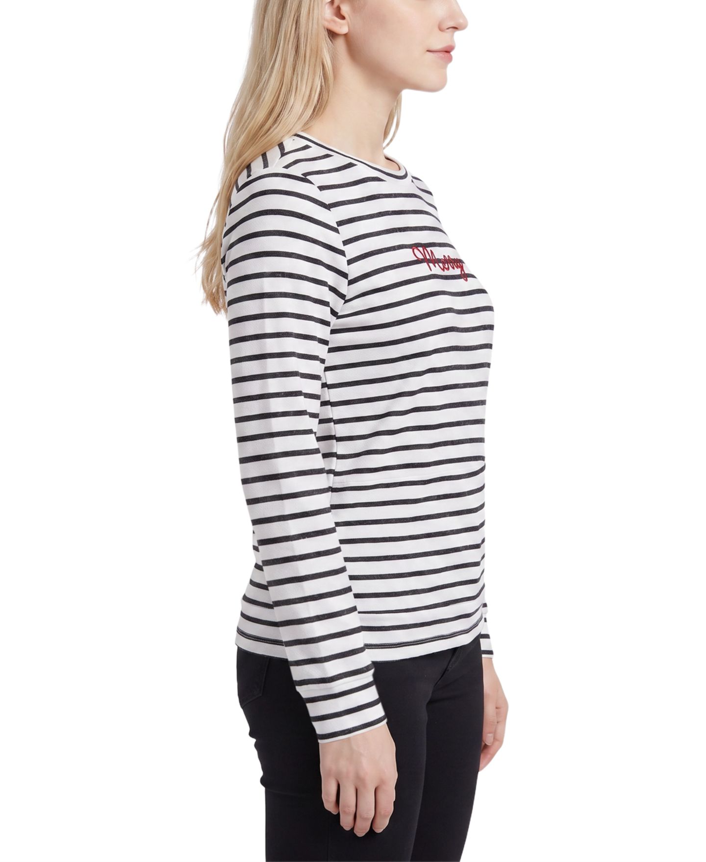 Женская футболка NY Collection Long-Sleeve Crewneck Embroidered, цвет: Слоновая кость чёрный полосатый — фото 2