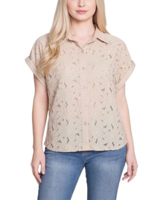 Women's Short-Sleeve Point-Collar Button-Down Top