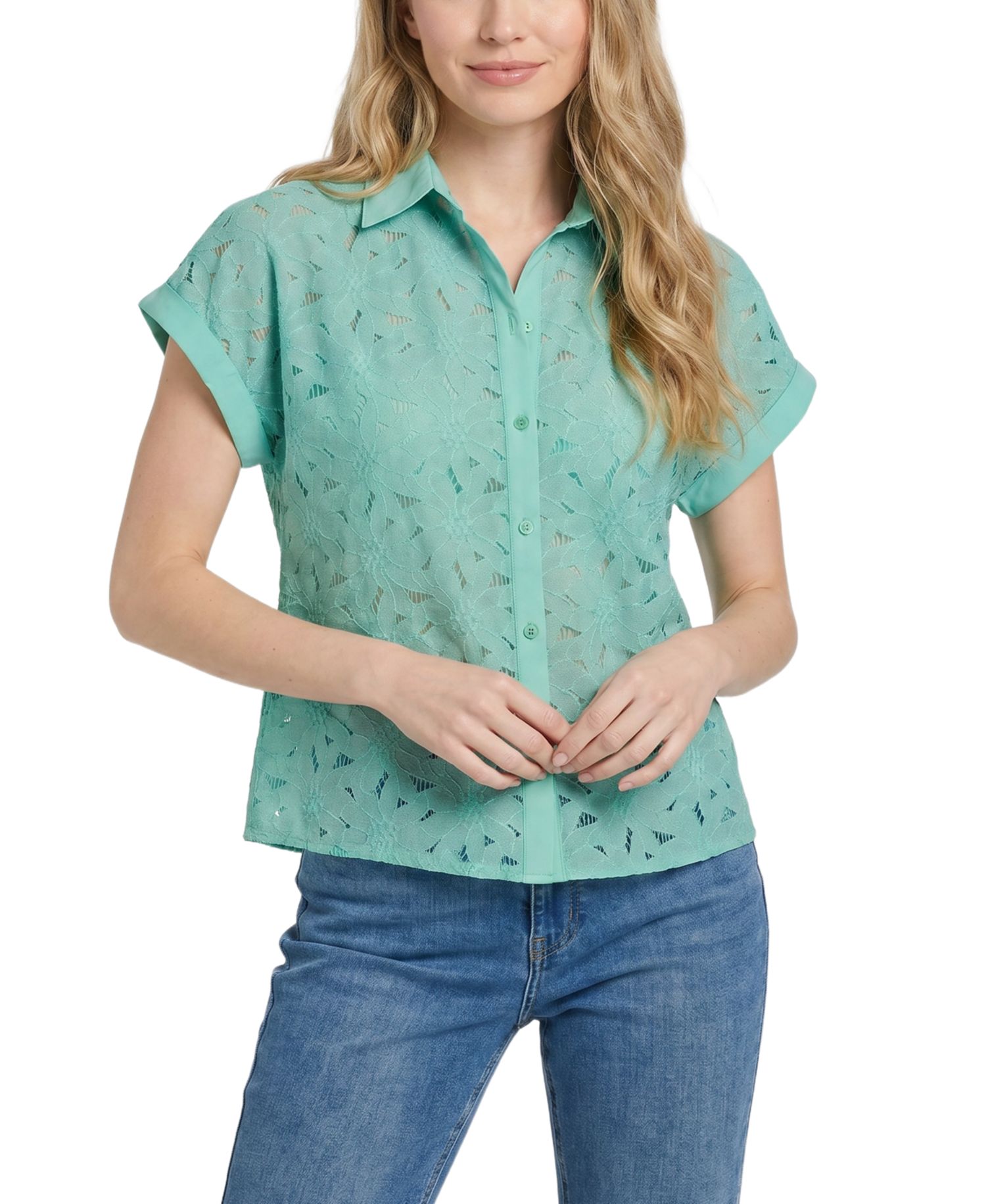 Women's Short-Sleeve Point-Collar Button-Down Top