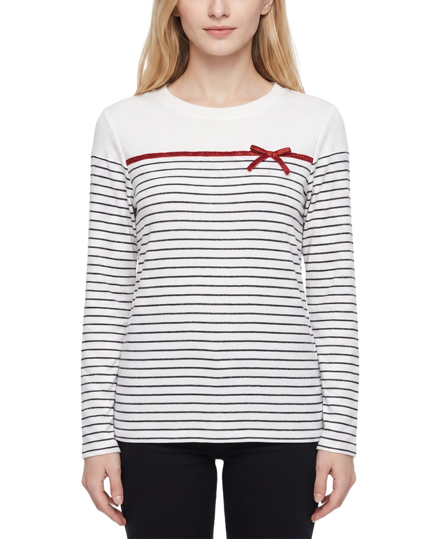 Women's Long-Sleeve Metallic-Ribbon Bow T-Shirt