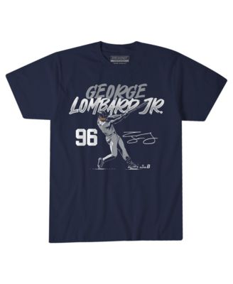 Men's and Women's George Lombard Jr. Navy New York Yankees Slugger Swing Number T-Shirt
