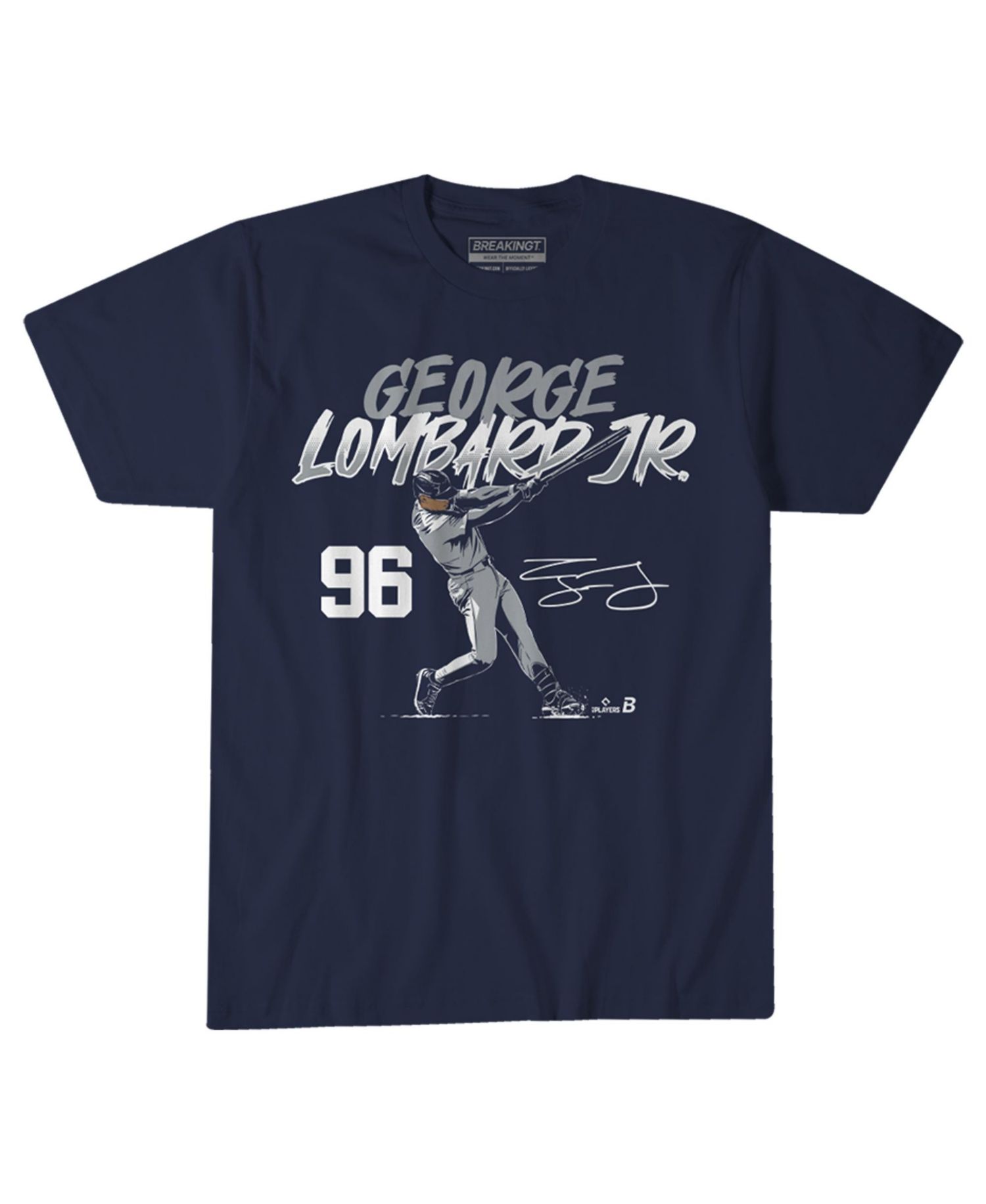Men's and Women's George Lombard Jr. Navy New York Yankees Slugger Swing Number T-Shirt