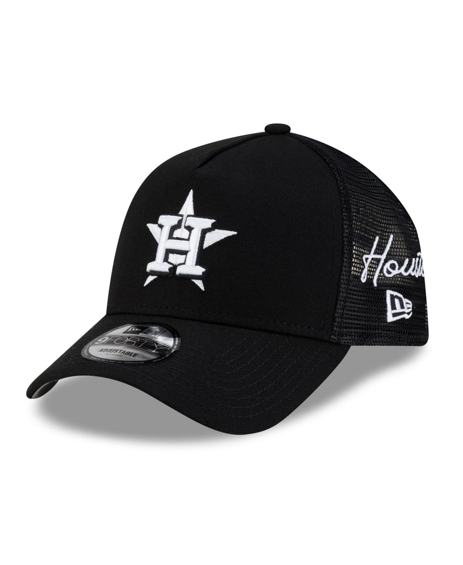Men's Black Houston Astros Side Script 9FORTY A-Frame Trucker Adjustable Hat