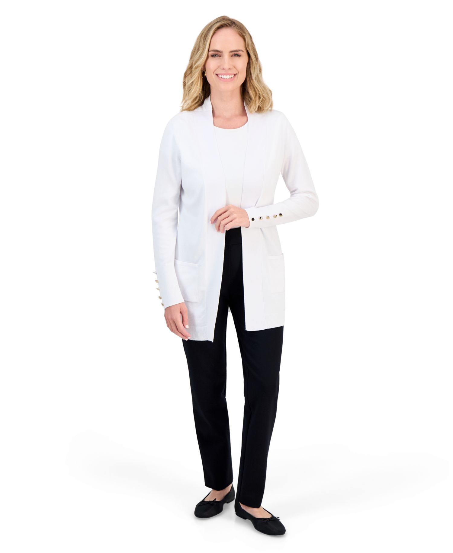 Petite Open-Front Button-Cuff Cardigan Sweater
