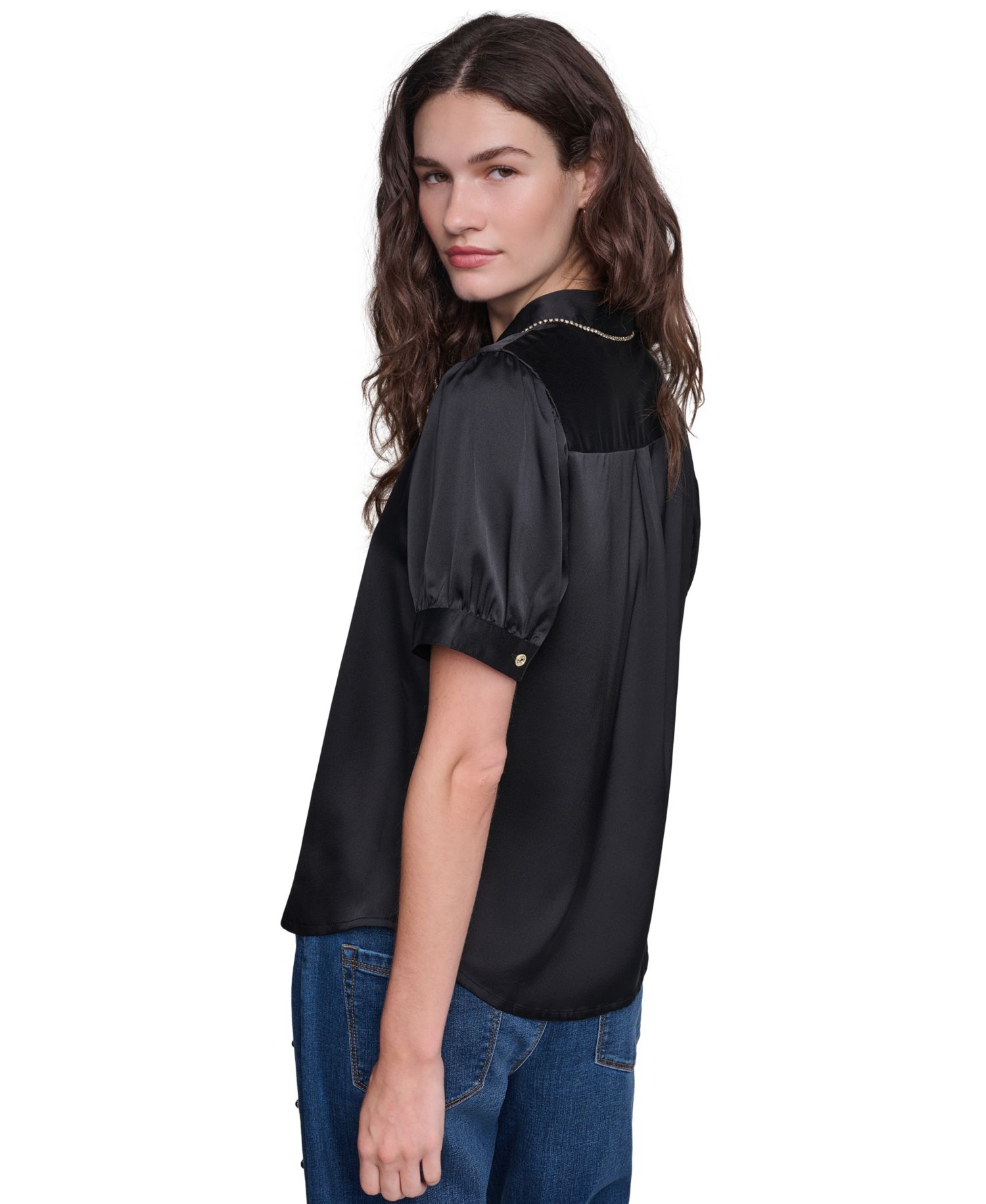Women's Short-Sleeve Satin Crystal-Embellished Collared Blouse