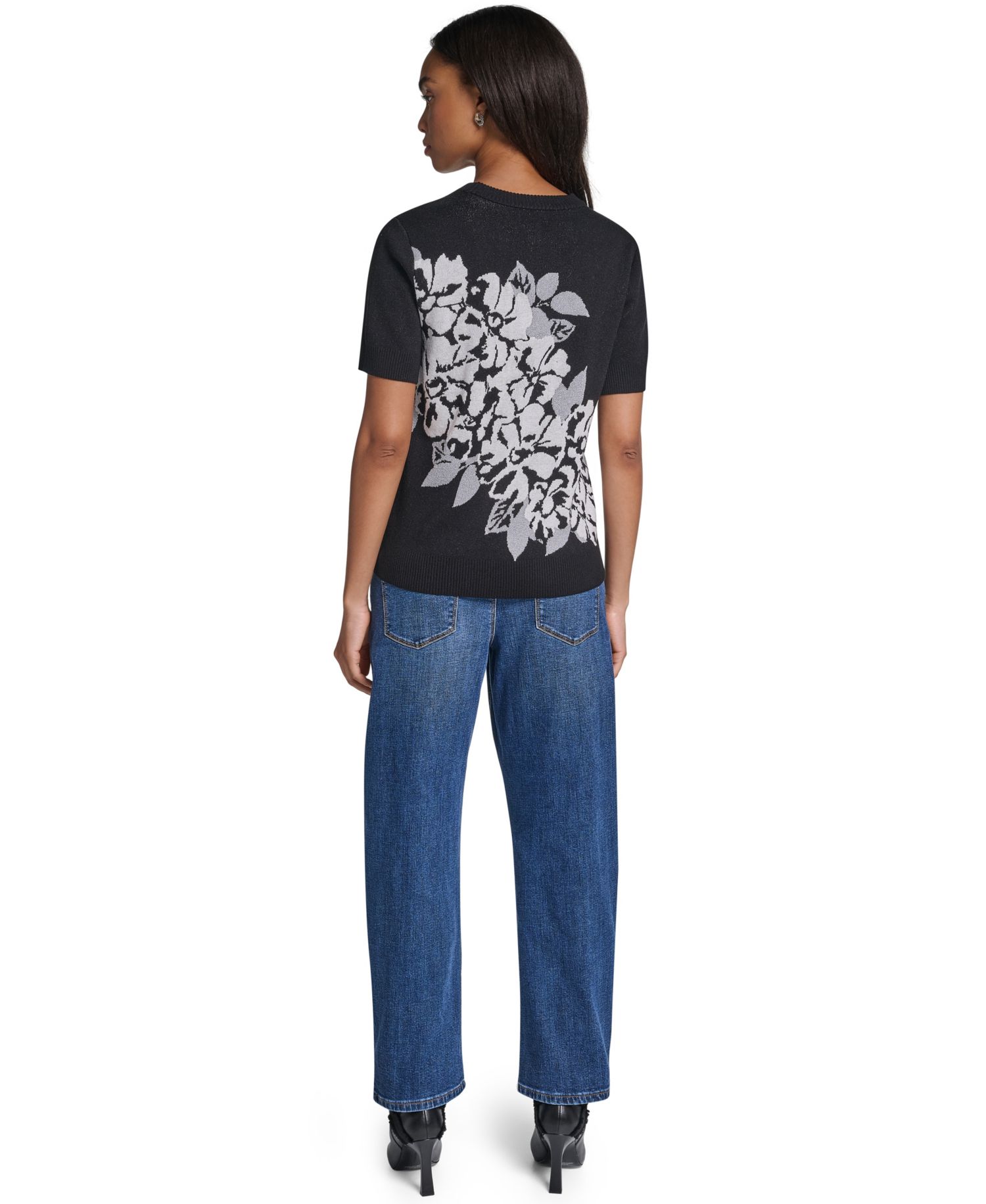 Women's Rose Crewneck Short-Sleeve Floral-Print Sweater