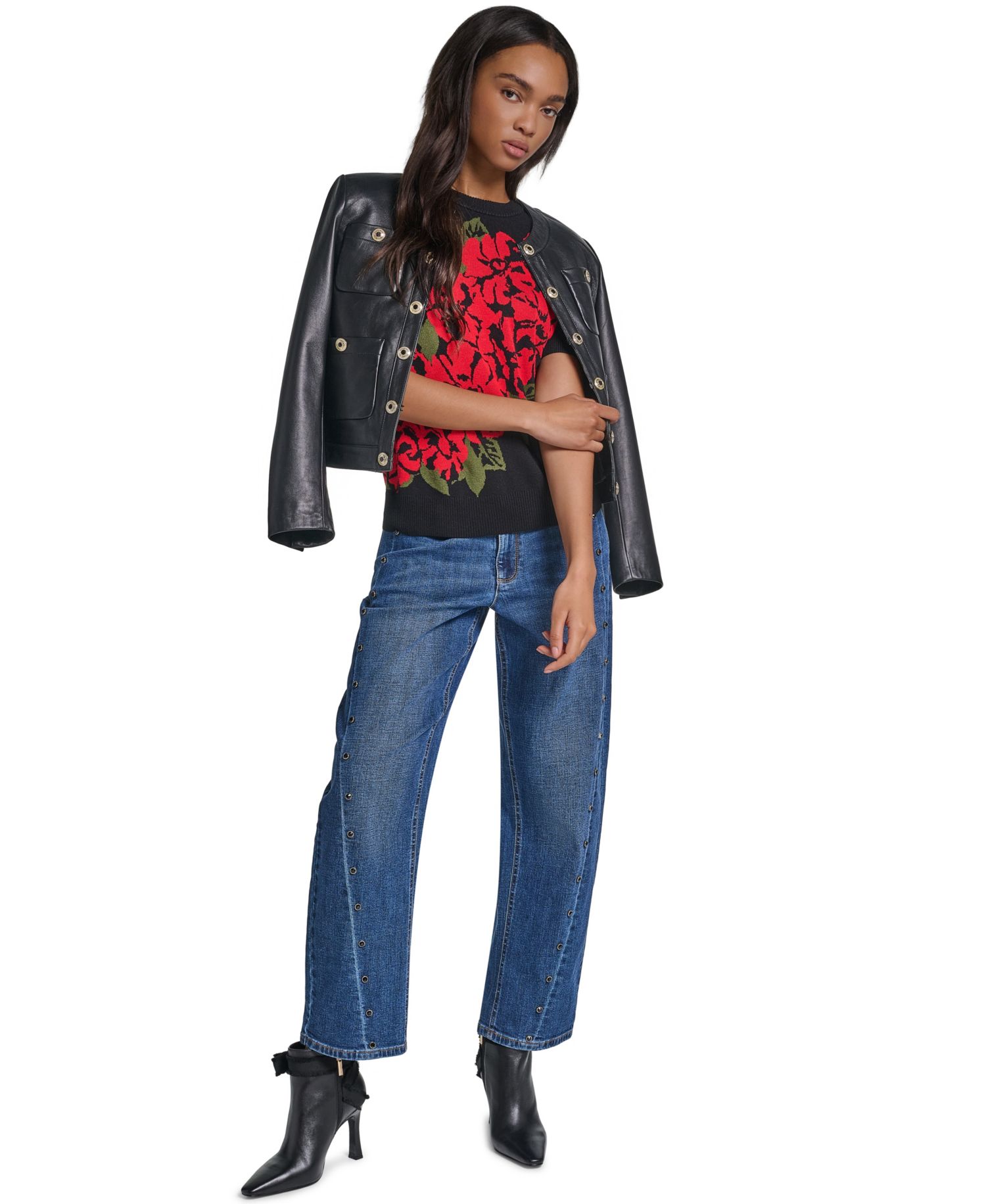 Women's Short-Sleeve Crewneck Rose-Print Pullover Sweater