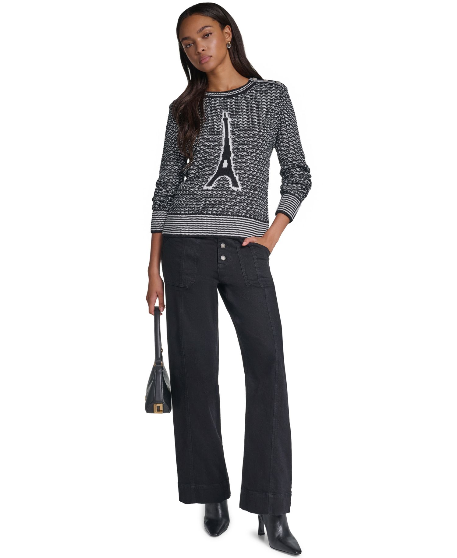 Women's Eiffel Tower-Graphic Crewneck Long-Sleeve Sweater