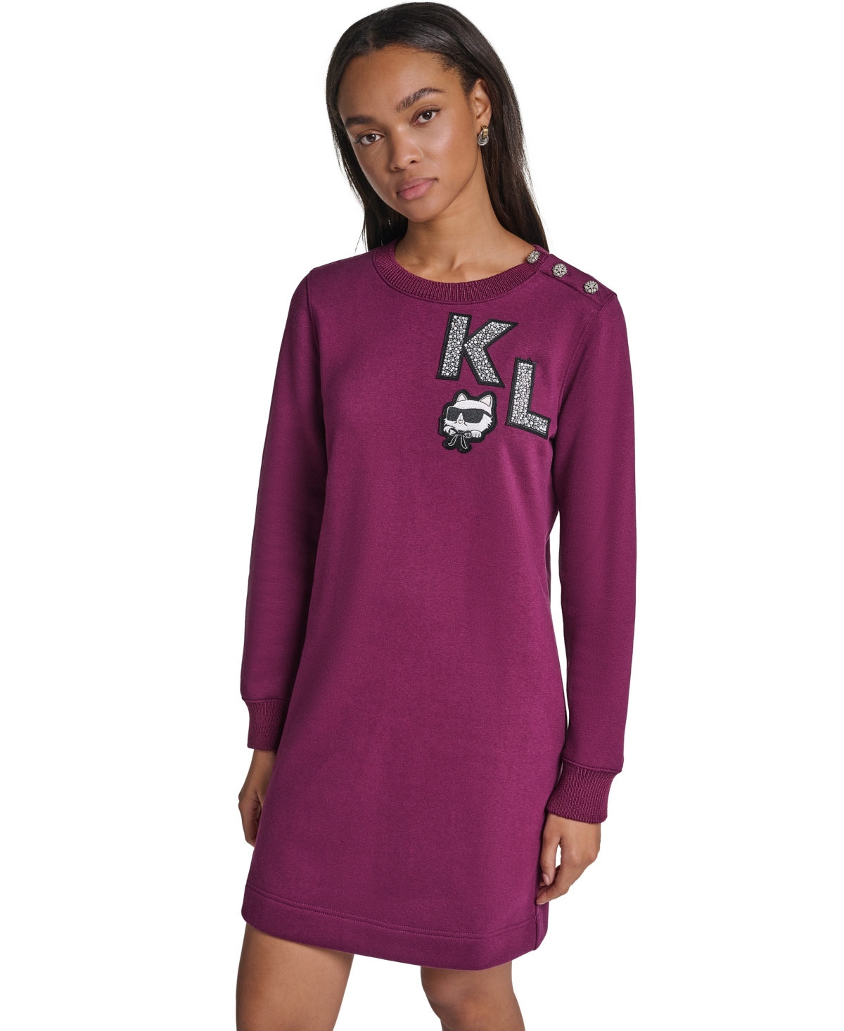 Karl Lagerfeld Paris Women's Kl Patch Long-Sleeve Crewneck Sweater Dress