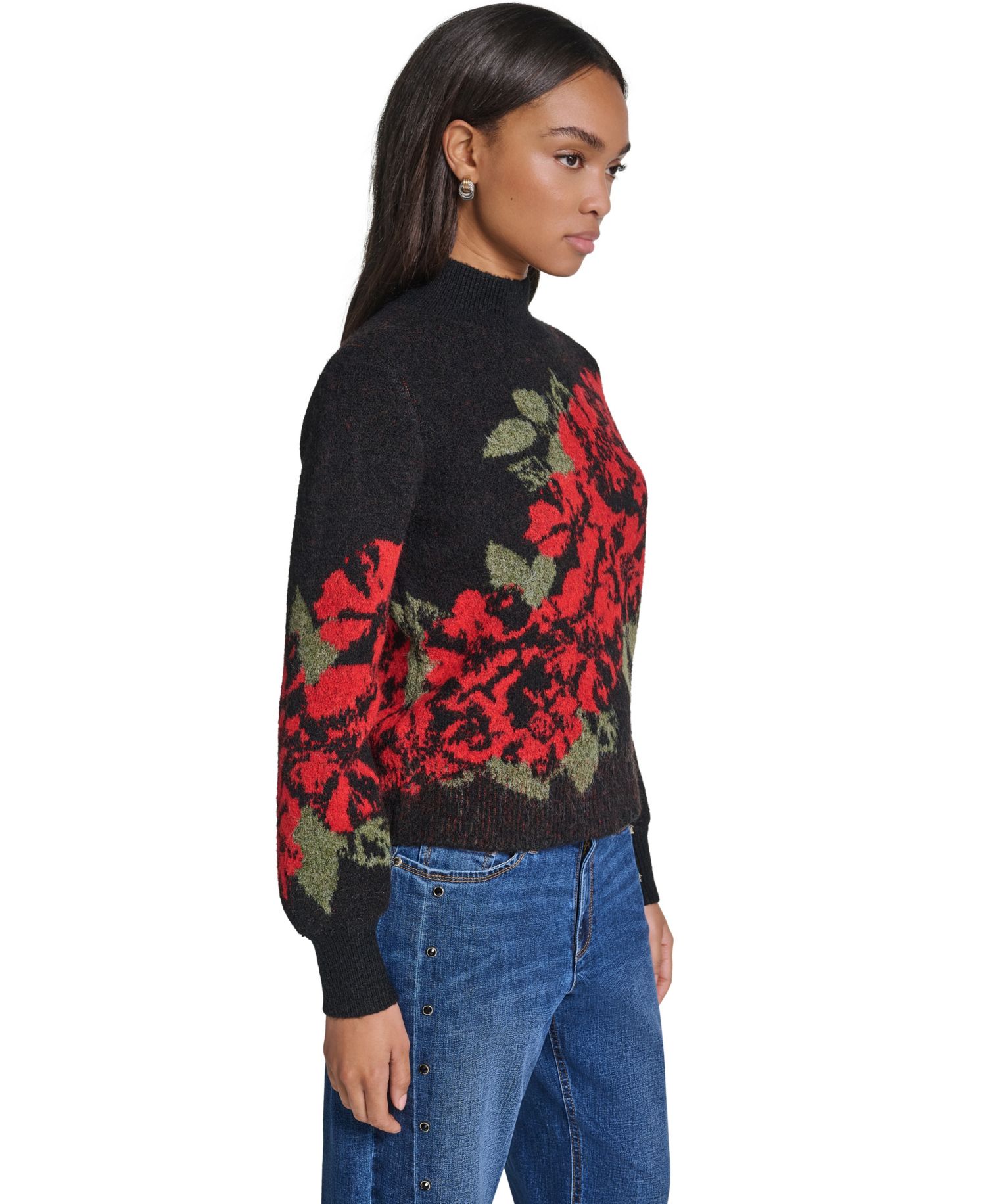 Women's Rose Floral-Print Mock Neck Pullover Sweater