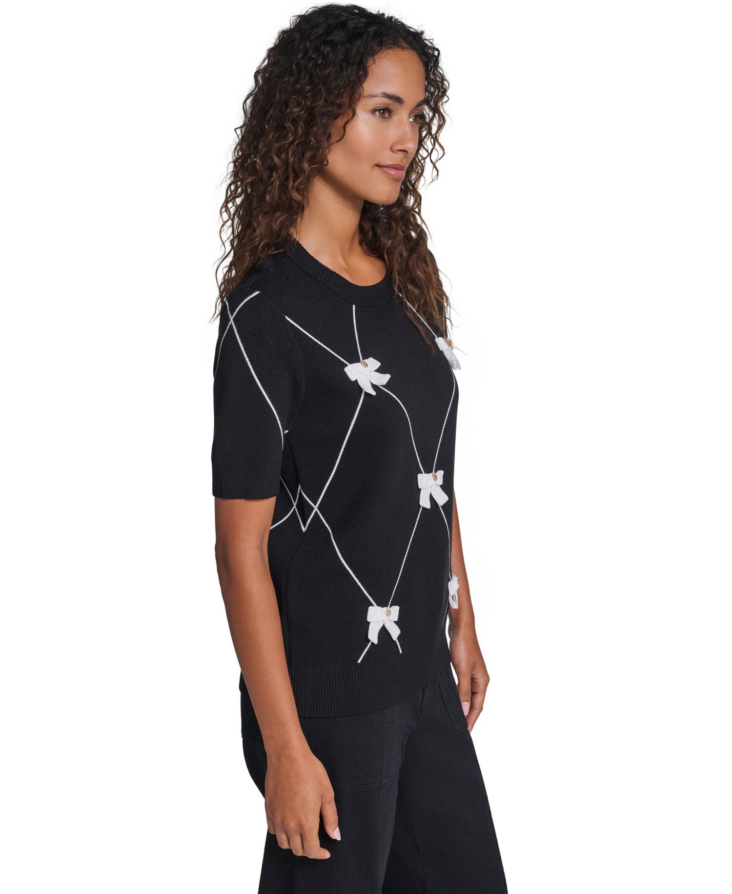 Women's Argyle 3D Bow Short-Sleeve Crewneck Sweater